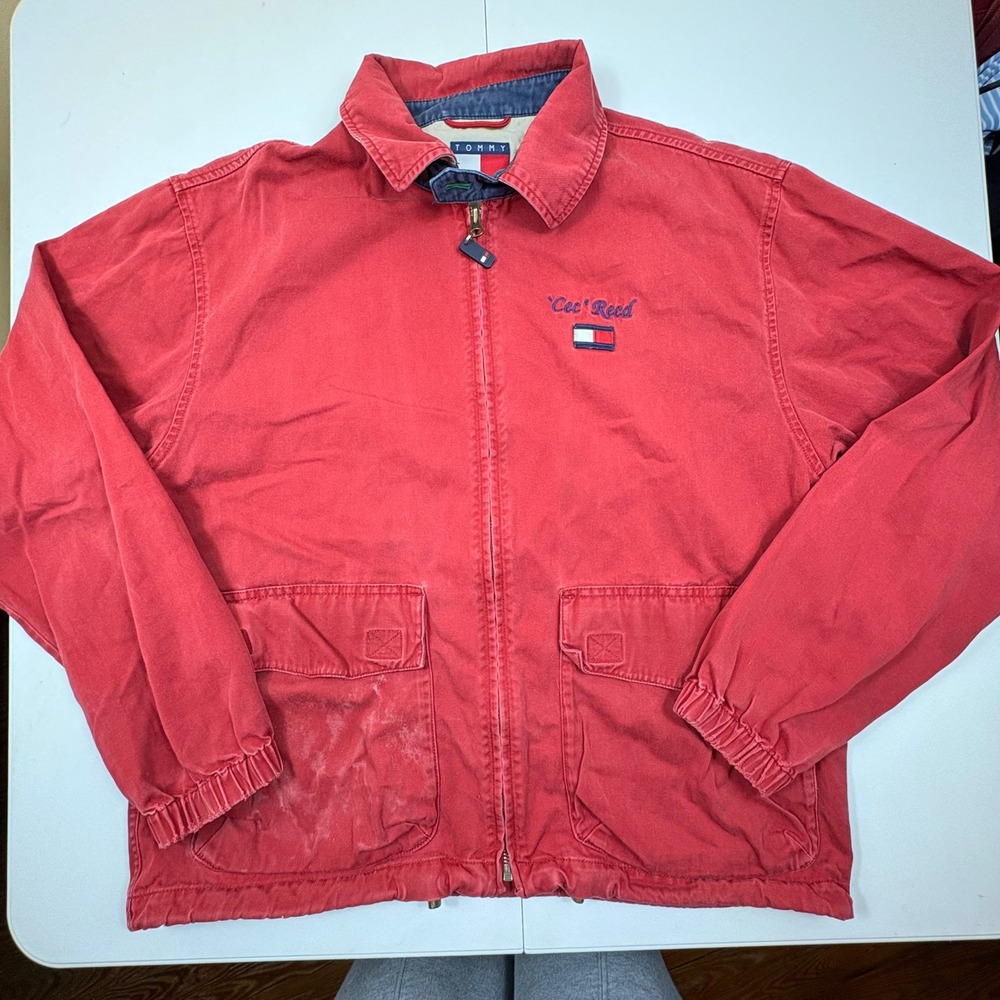 Tommy Hilfiger Red Canvas Zip Jacket Mens S Flag Logo‎ Custom Embroidery